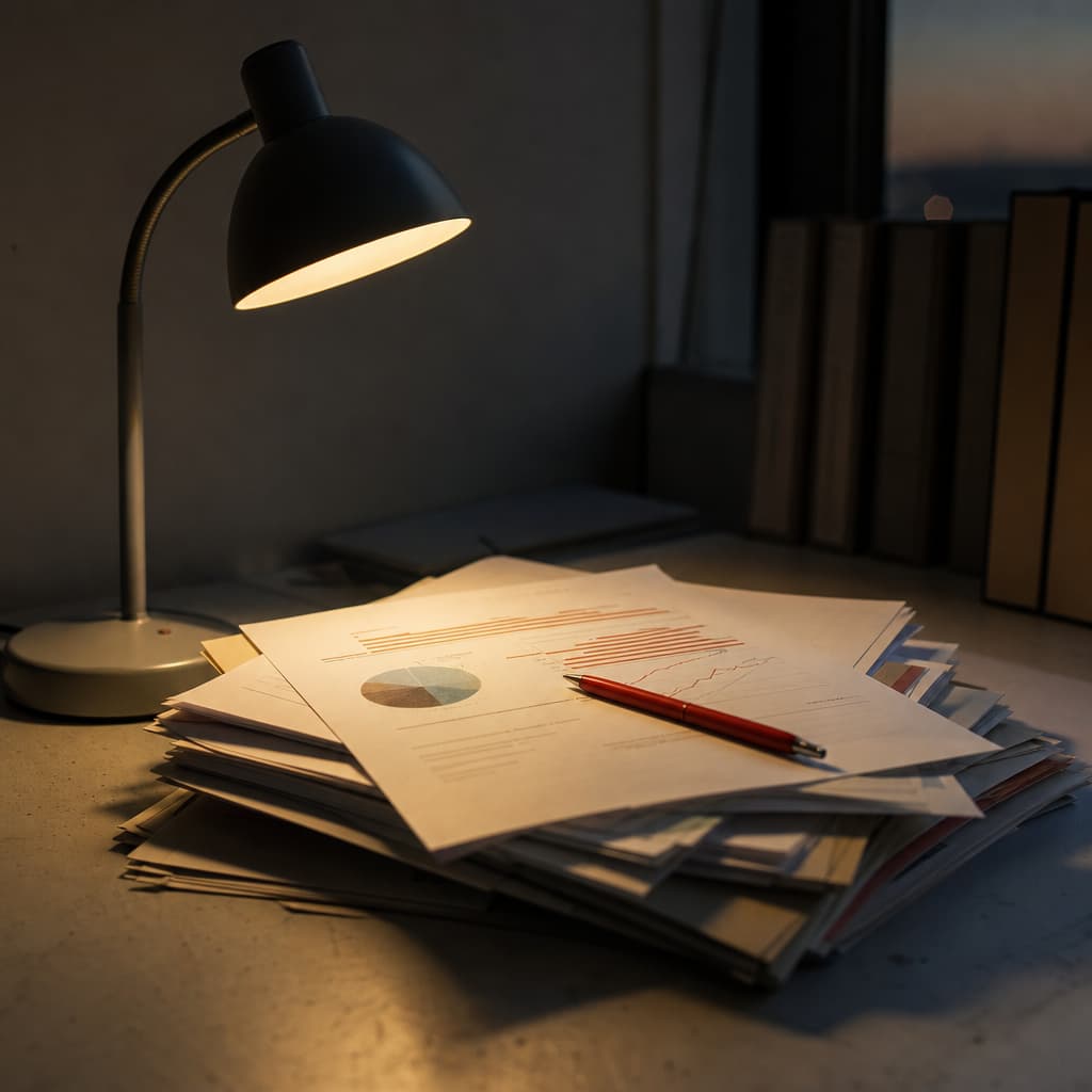 Gestapelte Unterlagen mit Diagrammen unter einer Schreibtischlampe